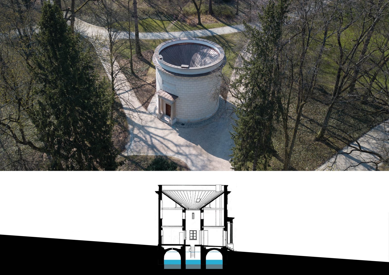 Water tower in Warsaw’s Royal Łazienki Park (1832). This residential building with a small interior courtyard and concave roof collects rainwater in an underground cistern. Photo: Photo Bartosz Wronka, 2019