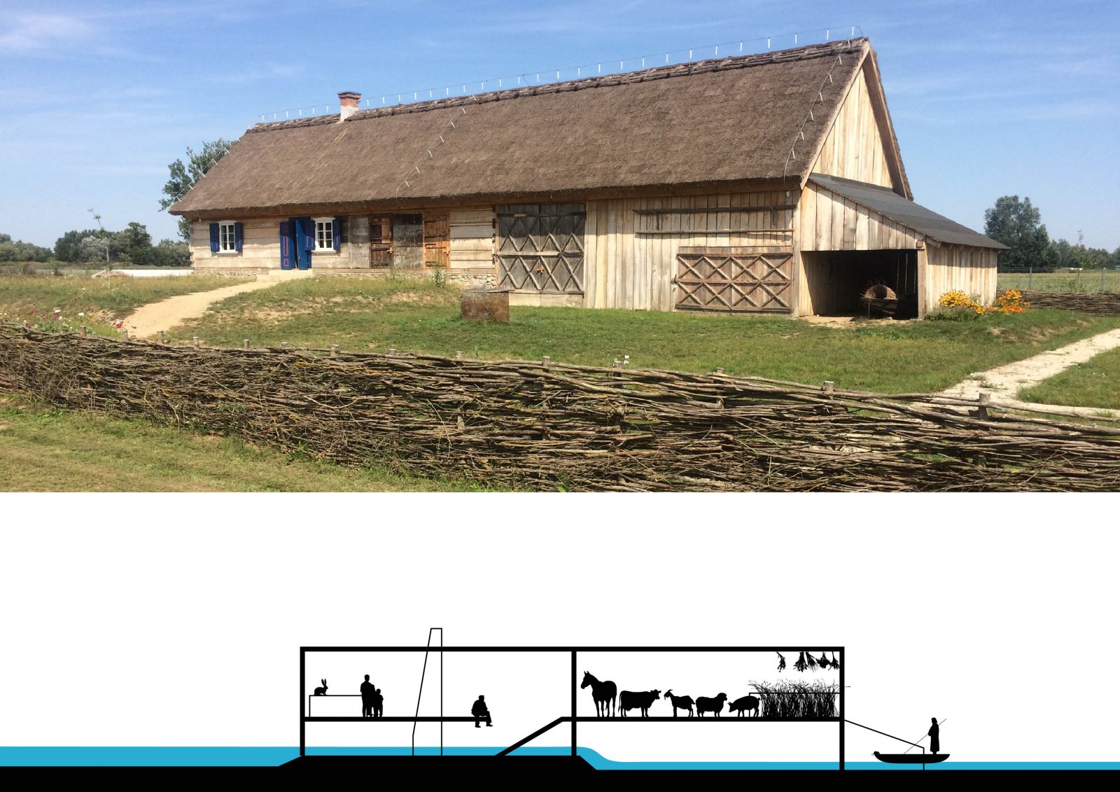 A single-building homestead by Olenders, settlers of Dutch ancestry in the 16th and 17th century Poland. It combined a living space for humans, a cow- shed, and a barn under one roof, all situated in a row, according to the river’s current. It was designed for cyclical flooding. During spring floods, all human and other-than-human inhabitants moved upstairs and the water passed through the building, cleaning its rooms and taking manure outside to fertilize a field nearby. Photo: CENTRALA, 2019