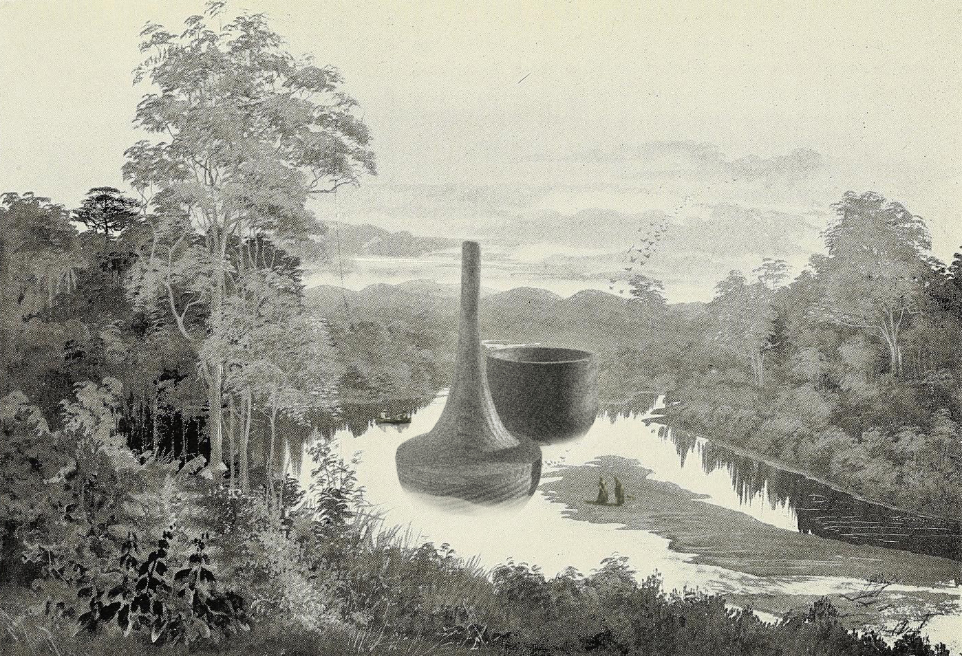 Arka na wzór warszawskiego Wodozbioru oraz Arka wieża-komin wkomponowane w rycinę botaniczną przedstawiającą Nową Zelandię