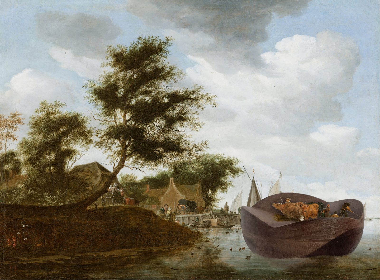 Collage with ark and the reproduction of the painting "River Landscape with a Ferry" by Salomon van Ruysdael, 1649
